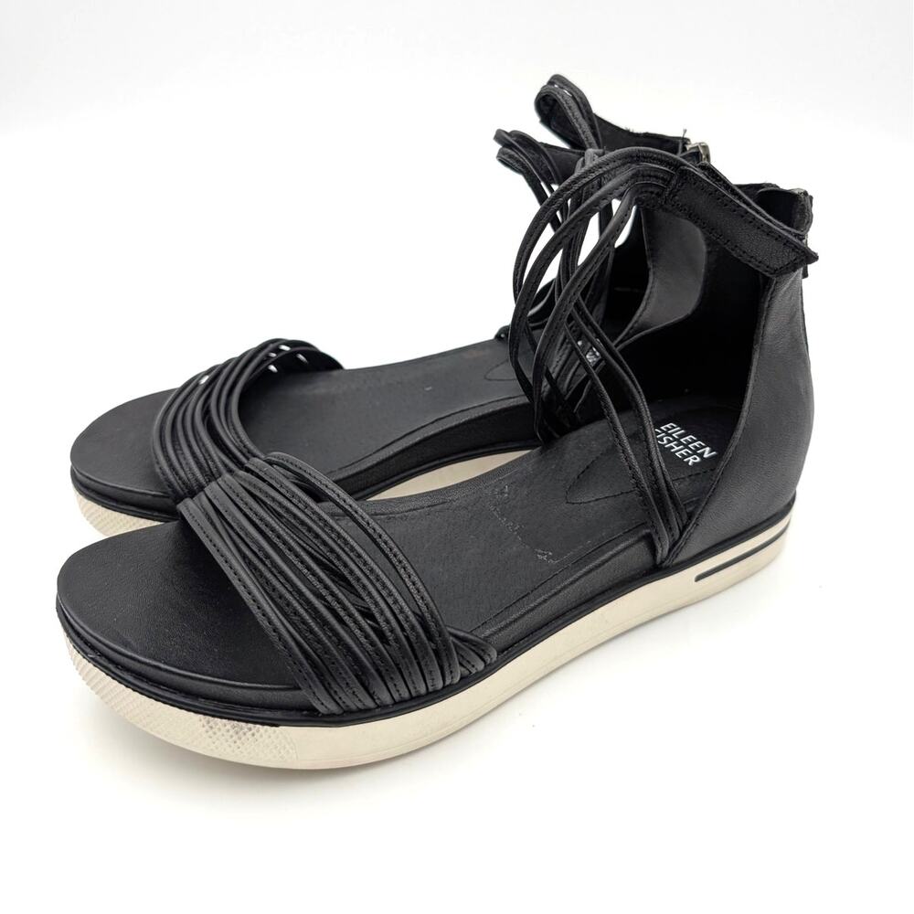 Eileen Fisher Shae Strappy Sandal Back Zip Women's Black Size US8 EU38.5